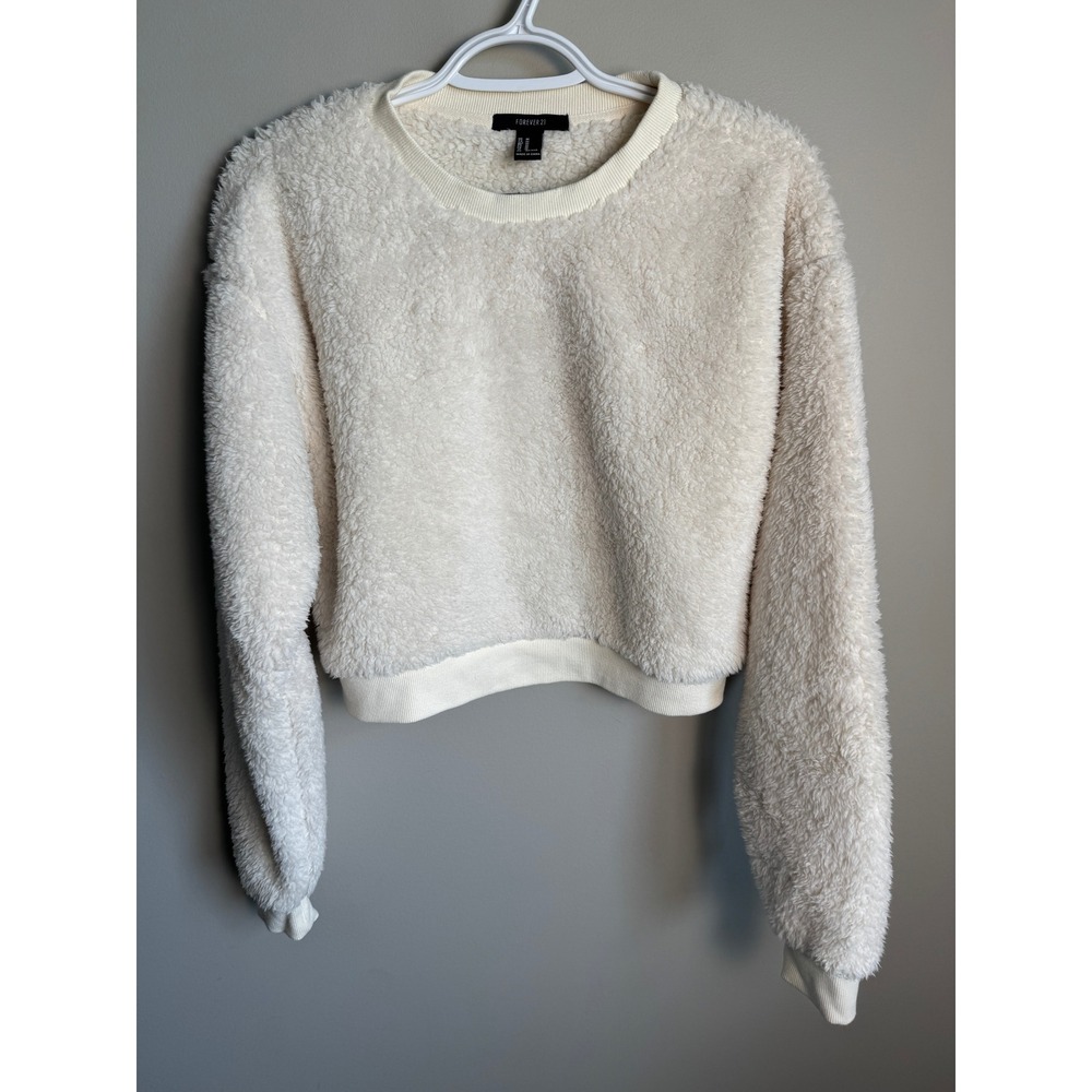 Forever 21 Women Cream Faux Fur Sherpa Cropped Sweatshirt M Cozy Soft Fuzzy Warm